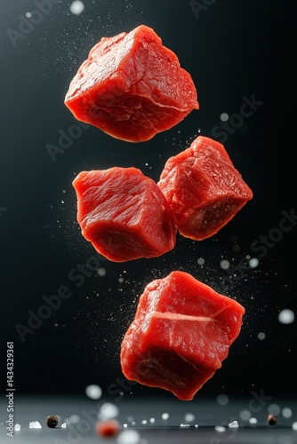 Fresh diced beef cubes captured in mid-air with dramatic high-speed photography for culinary artistry