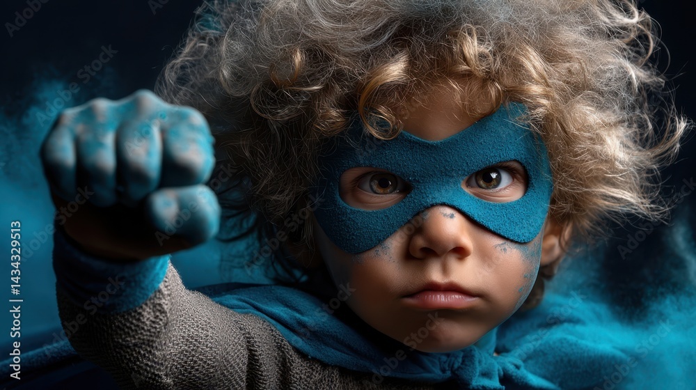 Boy celebrating victory in superhero costume with a determined expression and powerful pose in an imaginative setting