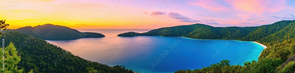 Fototapeta premium Panoramic view of a colorful sunset over a calm sea or lake,created by ai