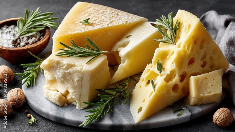 Chunks of aged sheep cheese, Manchego style, arranged beautifully on a gray marble plate with herbs and spices for a delightful presentation