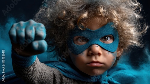 Obraz na płótnie Boy celebrating victory in superhero costume with a determined expression and powerful pose in an imaginative setting w salonie