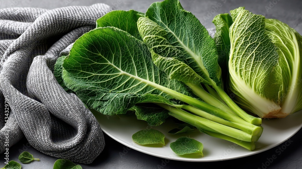 Fresh kale leaves arranged elegantly on a white plate with a textured gray cloth beside them