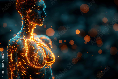 A Glowing Human Heart Surrounded by Colorful Energy Waves photo
