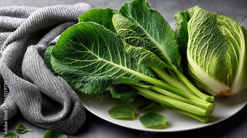 Obraz na płótnie Fresh kale leaves arranged elegantly on a white plate with a textured gray cloth beside them w salonie