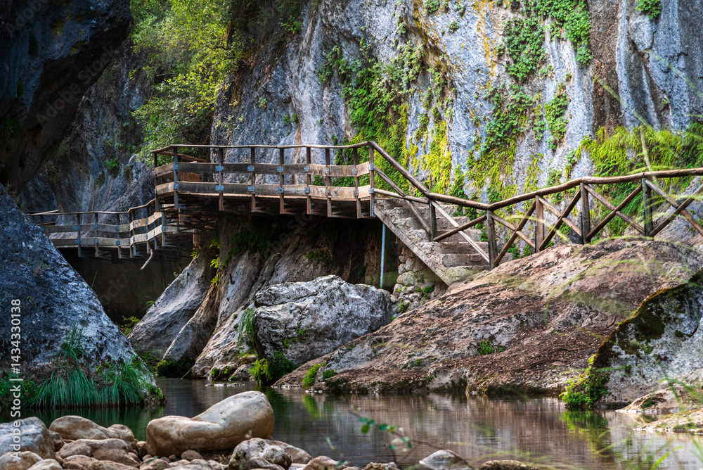 Scenic wooden walkway through the Cerrada de Elías gorge, along the Borosa River, in the Sierra de Cazorla, Jaén, Spain.