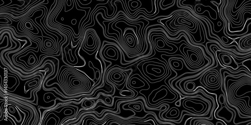 Generate a high-contrast black and white topographic map featuring detailed contour lines. The map should display various elevations using closely spaced, Topography and geography map grid abstract.