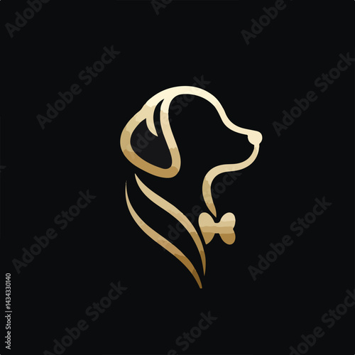 Elegant golden dog silhouette logo featuring a bow tie, set against a black background, with smooth, flowing lines creating a sophisticated and luxurious design.