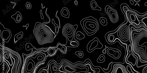 Generate a high-contrast black and white topographic map featuring detailed contour lines. The map should display various elevations using closely spaced, Topography and geography map grid abstract.