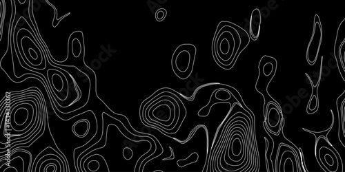 Generate a high-contrast black and white topographic map featuring detailed contour lines. The map should display various elevations using closely spaced, Topography and geography map grid abstract.