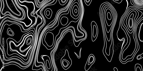 Generate a high-contrast black and white topographic map featuring detailed contour lines. The map should display various elevations using closely spaced, Topography and geography map grid abstract.