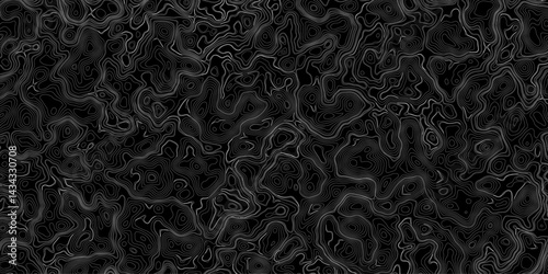 Generate a high-contrast black and white topographic map featuring detailed contour lines. The map should display various elevations using closely spaced, Topography and geography map grid abstract.