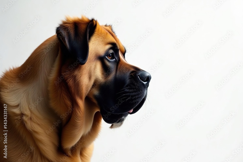Fototapeta premium Imposing Mastiff, attentive gaze, pure white backdrop, eyes, dog breed