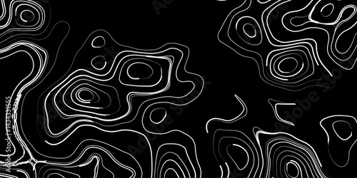 Generate a high-contrast black and white topographic map featuring detailed contour lines. The map should display various elevations using closely spaced, Topography and geography map grid abstract.