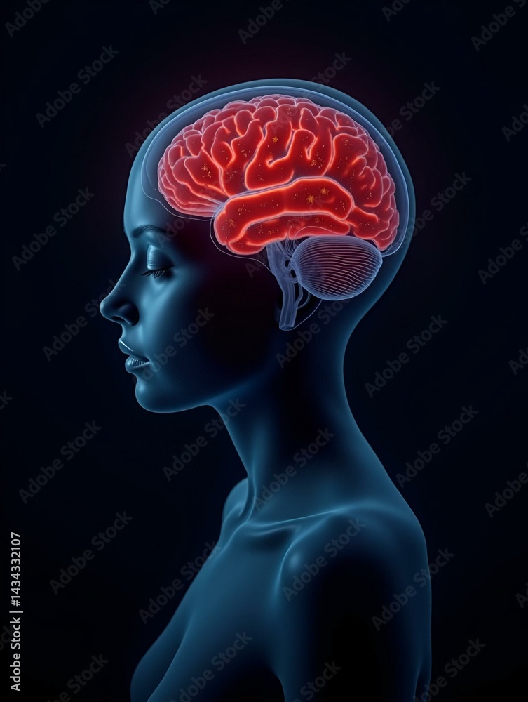 A woman's head is shown with a brain that is red and blue. The image is a representation of the brain and its functions. The woman's face is surrounded by a dark background A woman's head is shown with a brain that is red and blue. The image is a representation of the brain and its functions. The woman's face is surrounded by a dark background