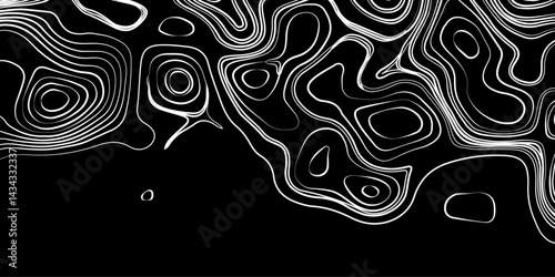 Generate a high-contrast black and white topographic map featuring detailed contour lines. The map should display various elevations using closely spaced, Topography and geography map grid abstract.