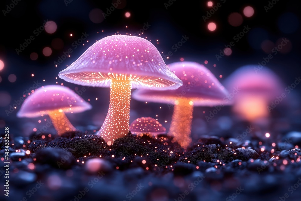 Colorful glowing mushrooms under a starlit sky, showcasing a magical forest environment with ethereal lighting effects