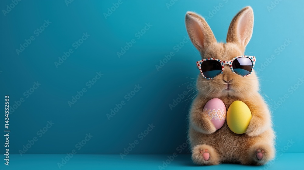 Stylish Easter bunny wearing sunglasses holds colorful eggs against a cheerful turquoise background