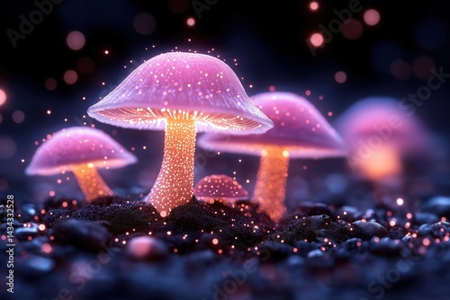 Obraz na płótnie Colorful glowing mushrooms under a starlit sky, showcasing a magical forest environment with ethereal lighting effects w salonie