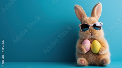 Obraz na płótnie Stylish Easter bunny wearing sunglasses holds colorful eggs against a cheerful turquoise background w salonie