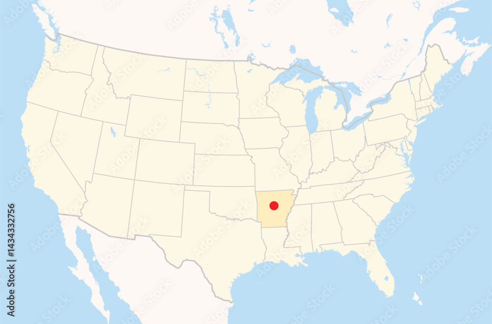 Obraz premium Location Map of the city Conway in Arkansas, USA. The state is marked orange and the city is highlighted with a red dot. No labels at all.