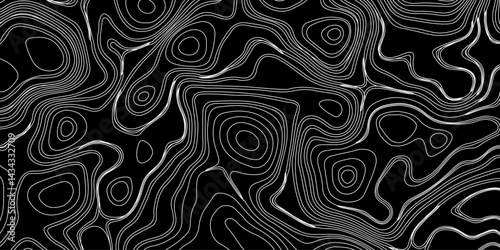 Generate a high-contrast black and white topographic map featuring detailed contour lines. The map should display various elevations using closely spaced, Topography and geography map grid abstract.