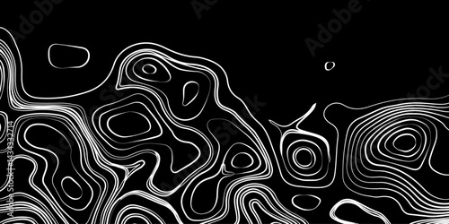 Generate a high-contrast black and white topographic map featuring detailed contour lines. The map should display various elevations using closely spaced, Topography and geography map grid abstract.