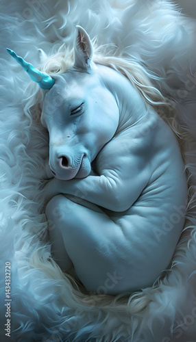  cutest  white Unicorn baby with blue horn  sleeping on fur cover. Digital artwork.  Ai generated