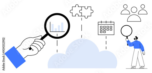 Magnifying glass analyzing chart, cloud symbol, puzzle pieces, calendar, and group connection. Ideal for collaboration, productivity, team management, problem-solving data insights cloud solutions