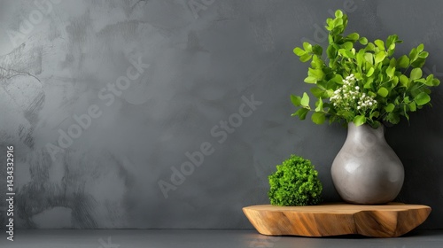 Obraz na płótnie Elegant gray concrete wall with textured finish and a decorative arrangement of greenery in a stylish vase w salonie