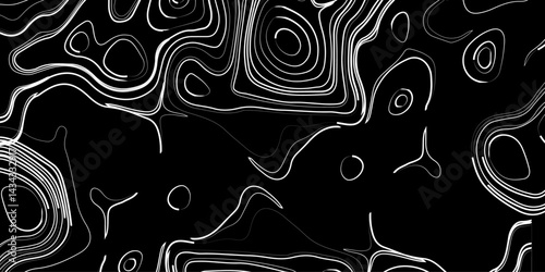 Generate a high-contrast black and white topographic map featuring detailed contour lines. The map should display various elevations using closely spaced, Topography and geography map grid abstract.