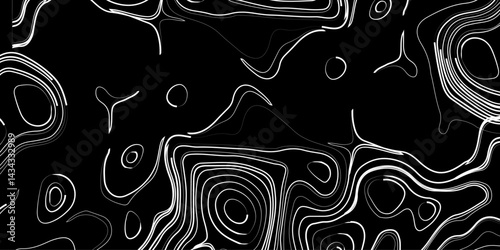 Generate a high-contrast black and white topographic map featuring detailed contour lines. The map should display various elevations using closely spaced, Topography and geography map grid abstract.