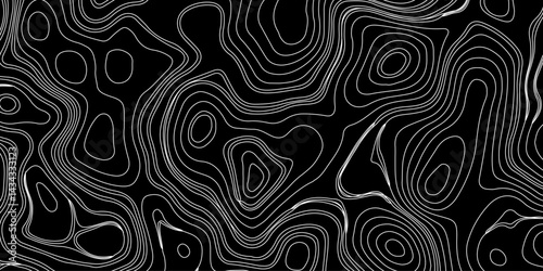 Generate a high-contrast black and white topographic map featuring detailed contour lines. The map should display various elevations using closely spaced, Topography and geography map grid abstract.