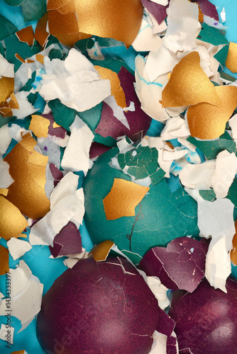 A close-up top-down view shows shattered and peeled colorful Easter eggshells in shades of gold, teal, purple, and white scattered on a light blue surface