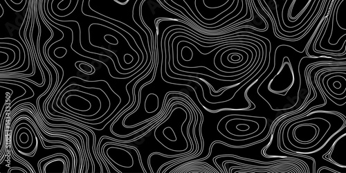 Generate a high-contrast black and white topographic map featuring detailed contour lines. The map should display various elevations using closely spaced, Topography and geography map grid abstract.