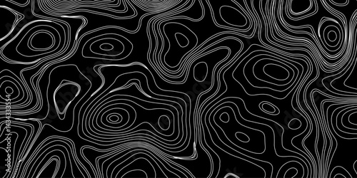 Generate a high-contrast black and white topographic map featuring detailed contour lines. The map should display various elevations using closely spaced, Topography and geography map grid abstract.