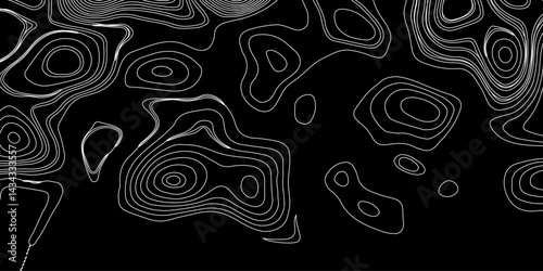 Generate a high-contrast black and white topographic map featuring detailed contour lines. The map should display various elevations using closely spaced, Topography and geography map grid abstract.