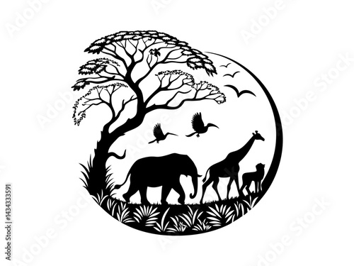 Silhouette of African Wildlife Under a Majestic Tree,  black and white silhouette showcases a serene African landscape. Silhouettes of Giraffe, Elephant, and Leopard for World Animal Day.