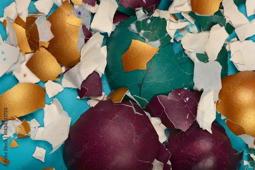 A close-up top-down view shows shattered and peeled colorful Easter eggshells in shades of gold, teal, purple, and white scattered on a light blue surface