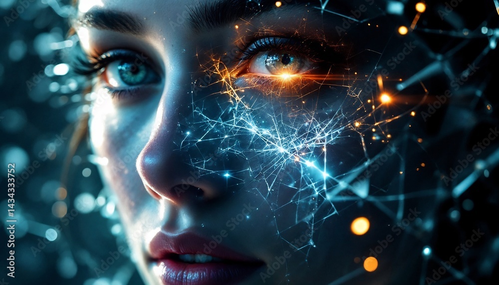 Digital Luminescence: The portrait unveils a woman's face merging with digital luminescence, showcasing her connection to the digital world, a blend of technology and natural beauty. Digital Luminescence: The portrait unveils a woman's face merging with digital luminescence, showcasing her connection to the digital world, a blend of technology and natural beauty.