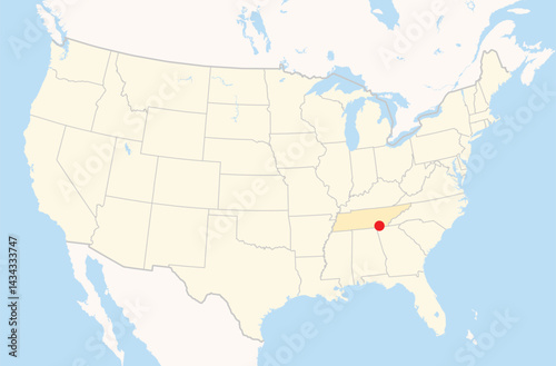 Location Map of the city Chattanooga in Tennessee, USA. The state is marked orange and the city is highlighted with a red dot. No labels at all.