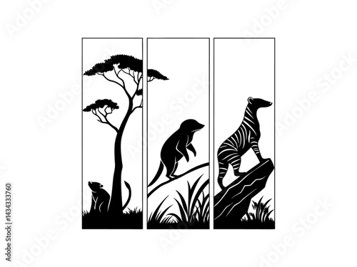 Silhouette of African Wildlife Under a Majestic Tree,  black and white silhouette showcases a serene African landscape. Silhouettes of Giraffe, Elephant, and Leopard for World Animal Day.