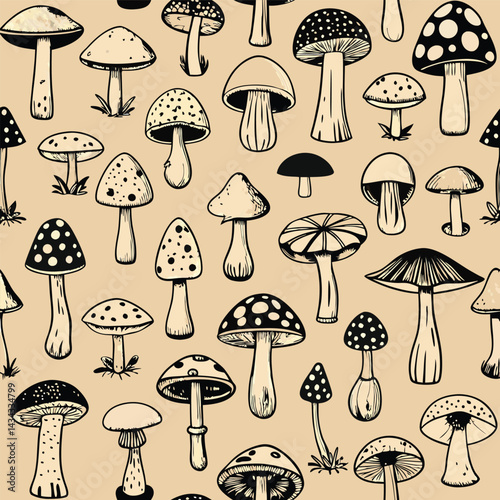 Seamless Pattern of Hand Drawn Mushrooms in Vintage Style
