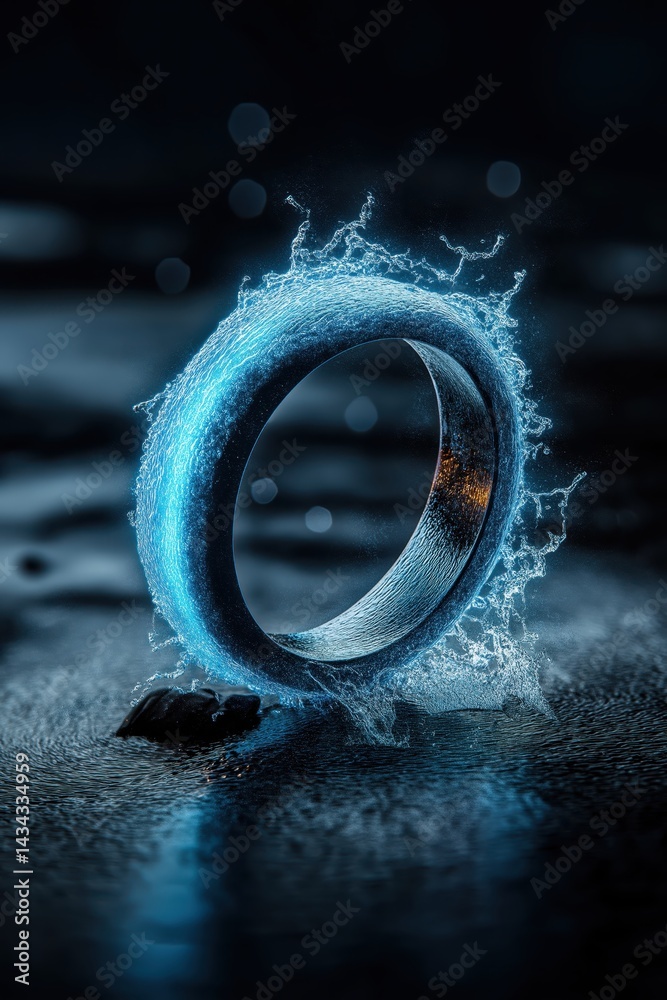 Mystical glowing blue neon ring reflecting on dark water in a surreal futuristic atmosphere