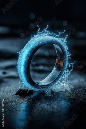 Obraz na płótnie Mystical glowing blue neon ring reflecting on dark water in a surreal futuristic atmosphere w salonie