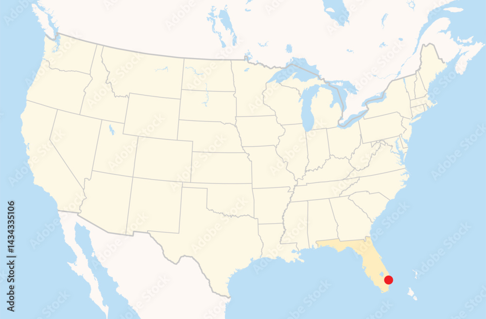 Obraz premium Location Map of the city Coconut Creek in Florida, USA. The state is marked orange and the city is highlighted with a red dot. No labels at all.