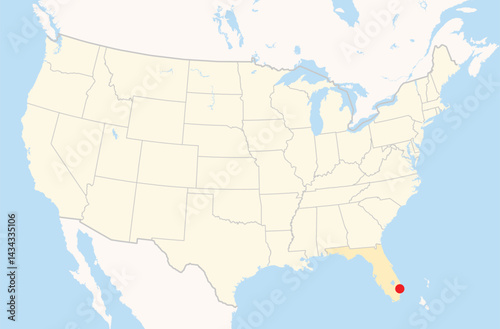 Location Map of the city Coconut Creek in Florida, USA. The state is marked orange and the city is highlighted with a red dot. No labels at all.