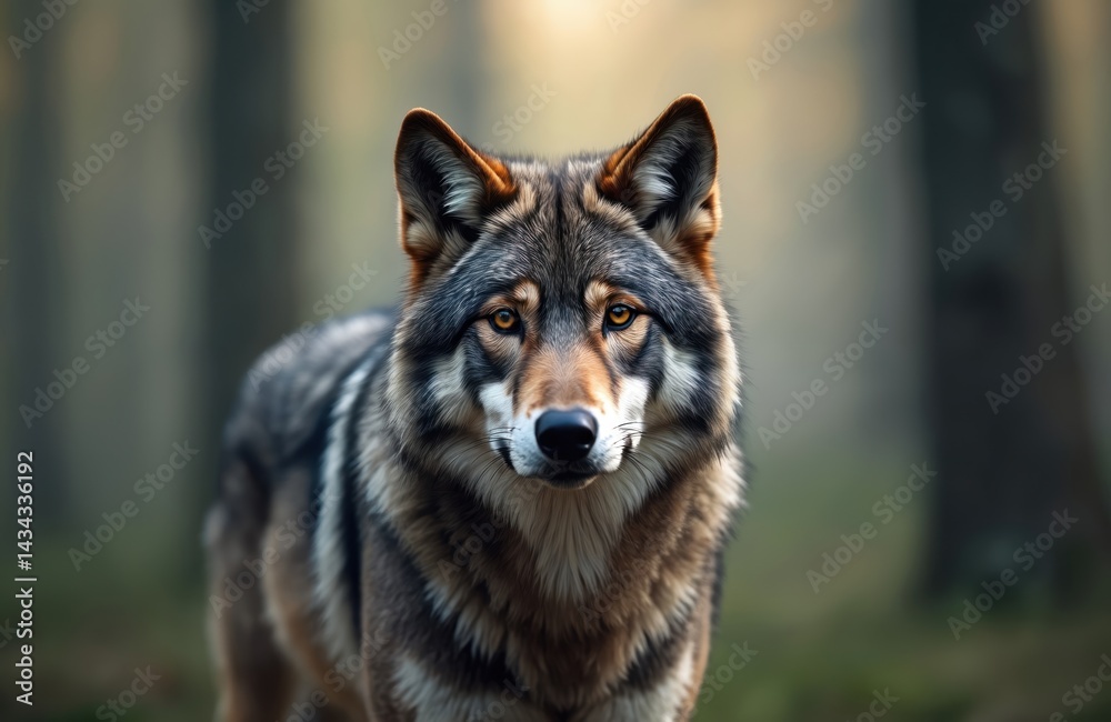 Fototapeta premium Portrait of a grey wolf in forest. Animal has intense gaze. Fur is detailed with different shades. Grey wolf stare directly at camera. Wild predator in natural habitat. Wildlife photo.