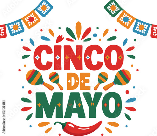 Colorful Cinco de Mayo celebration graphic with maracas and chili pepper