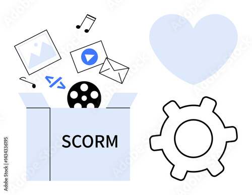 Open box labeled SCORM spilling multimedia elements thumbs up images, videos, and code side heart and gear shapes. Ideal for e-learning, LMS, technology, multimedia, integration, development