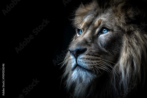 Vibrant lion with intense blue eyes in dark light  
